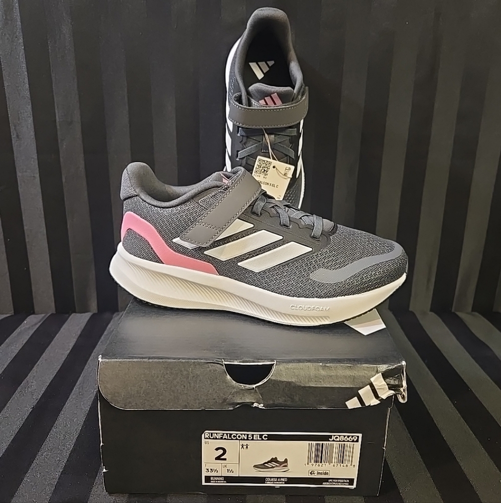 New Damaged Box Adidas Kids US 2 Runfalcon 5 Pink Grey Sneakers Hook & Loop Tape